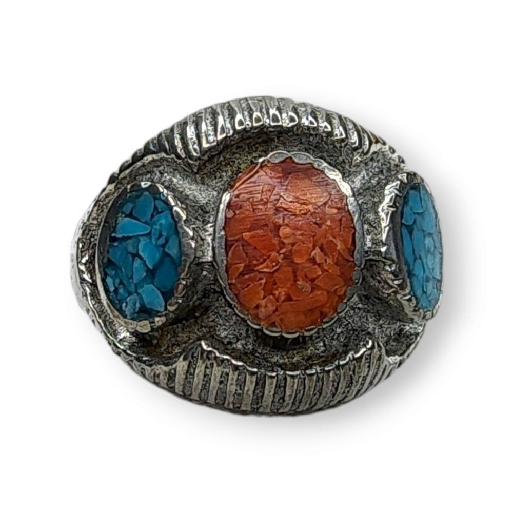 Vintage Southwestern Nickel Silver Turquoise Coral Chip Inlay Ring Size 11.25